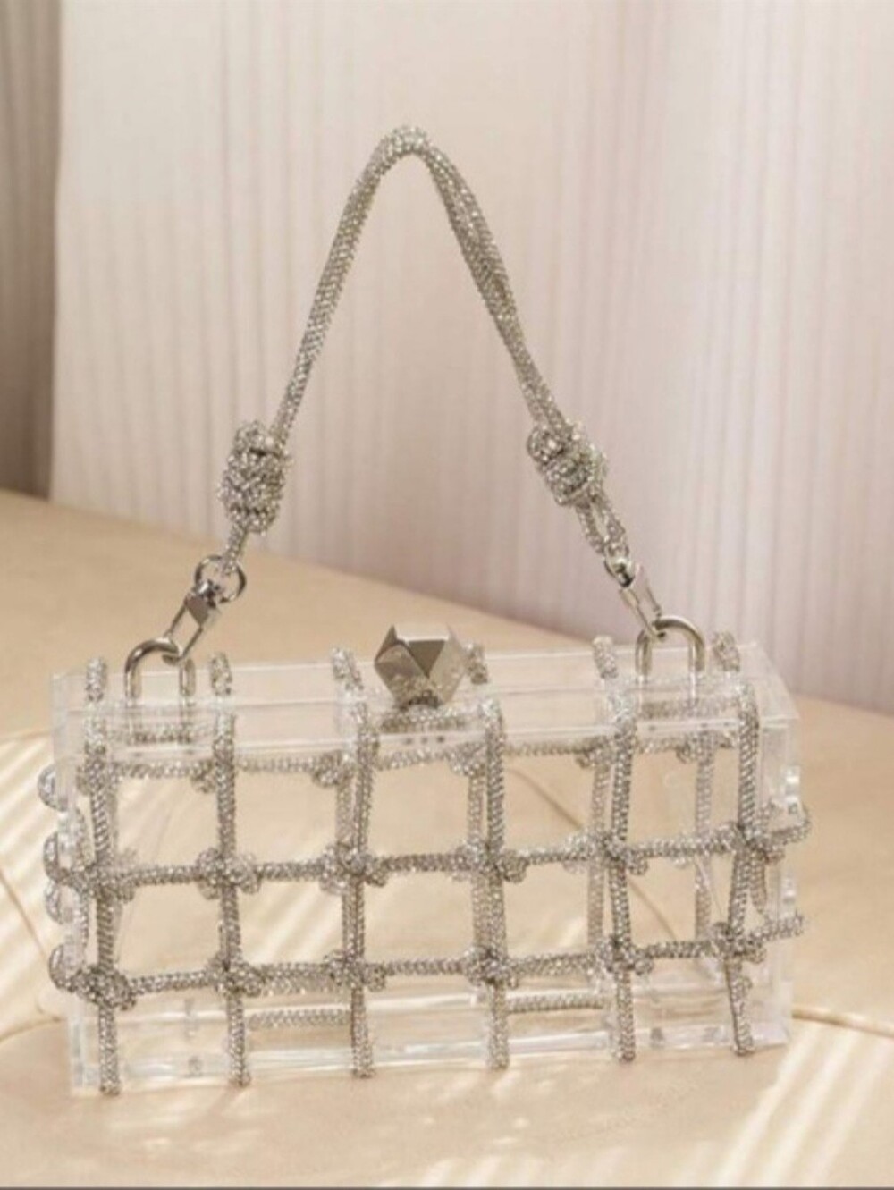 Clear Acrylic Crystal Rhinestone Grid Silver Clutch Statement Bag